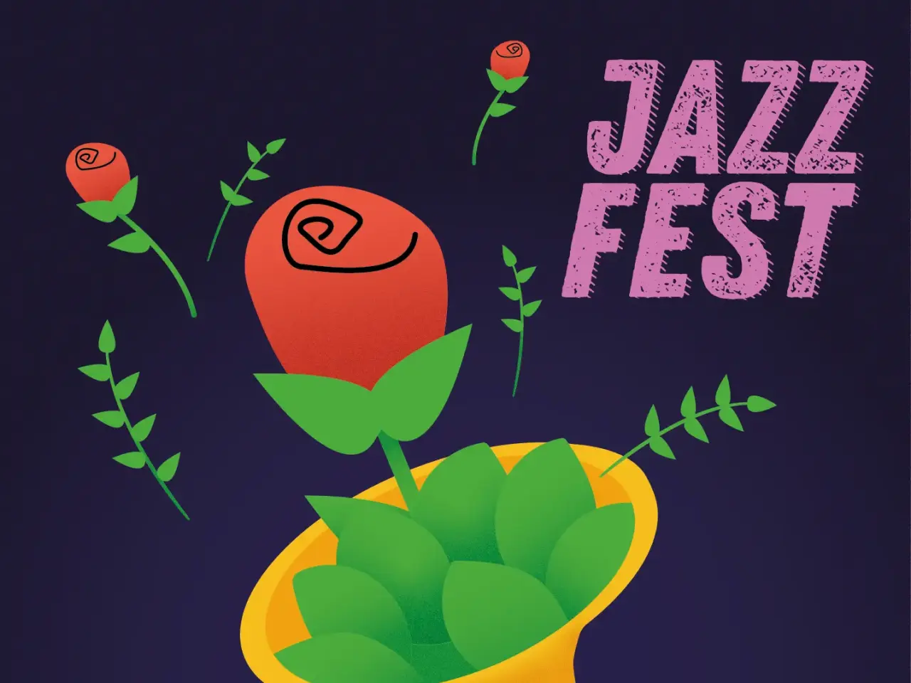 Jazz Fest poster: a red rose blooming from a golden trumpet, with small roses and sprigs floating around it.